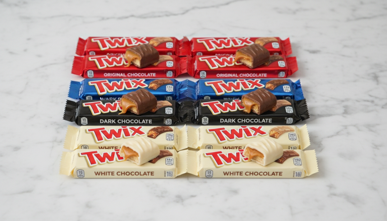 Twix candy bars — original, dark chocolate, and white chocolate varieties on a white marble surface