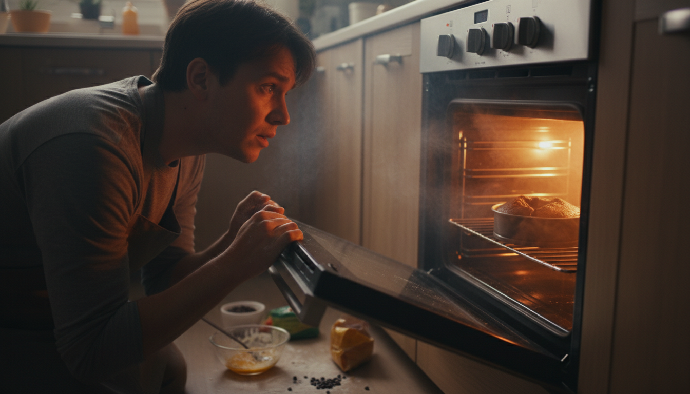 Baker opening oven door too early while cake is baking