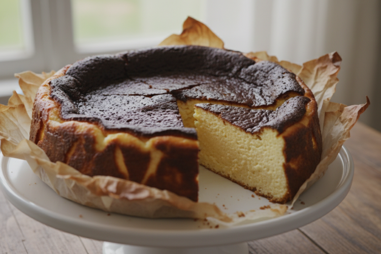 Basque burnt cheesecake on a white cake stand with dark caramelized top and creamy interior