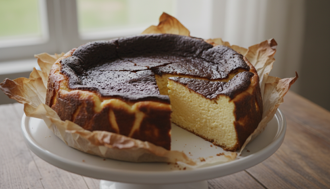 Basque burnt cheesecake on a white cake stand with dark caramelized top and creamy interior