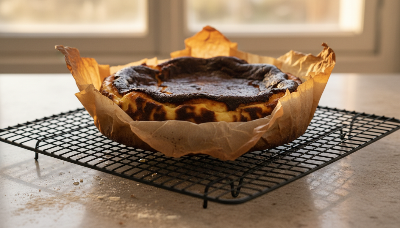 Basque burnt cheesecake cooling on a wire rack with parchment paper folded down