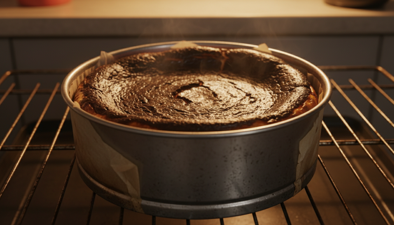 Basque burnt cheesecake fresh from oven with dramatically dark caramelized top