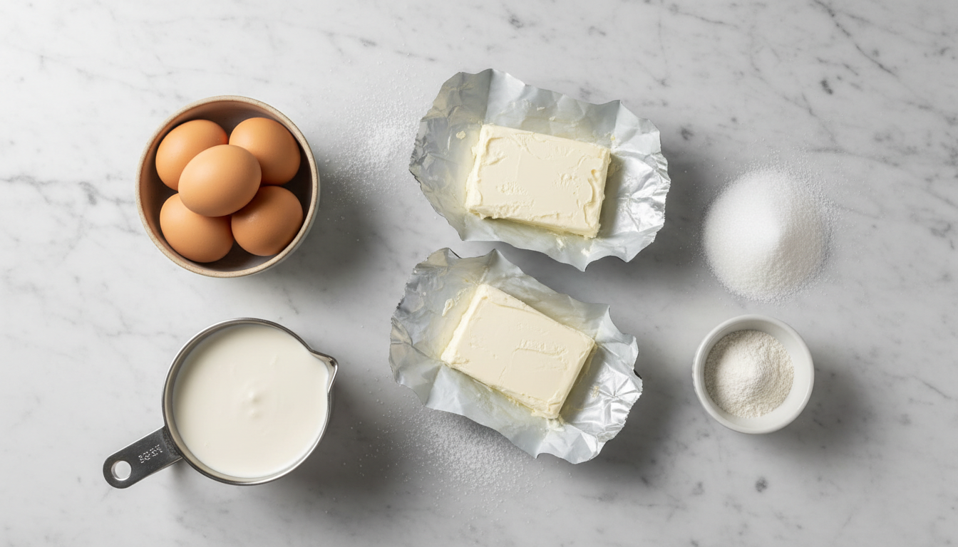 Basque cheesecake ingredients flat lay: cream cheese, eggs, heavy cream, sugar, flour