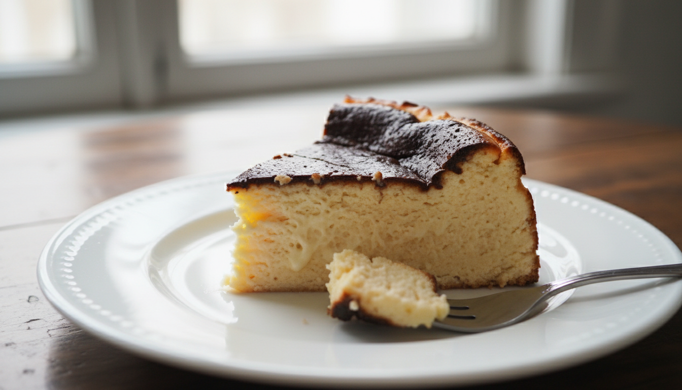 Basque burnt cheesecake slice on a white ceramic plate showing creamy custardy interior