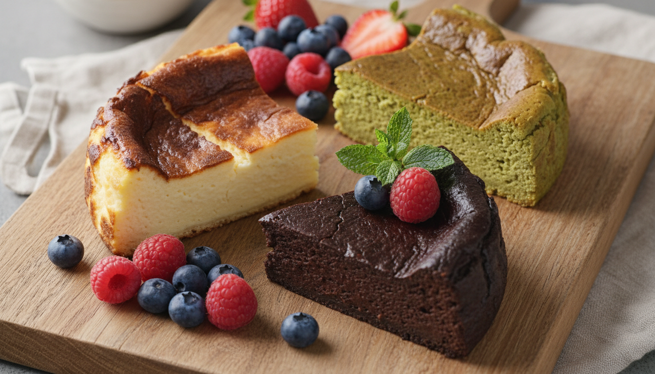 Three Basque cheesecake variations: classic burnt, matcha, and chocolate on a wooden board