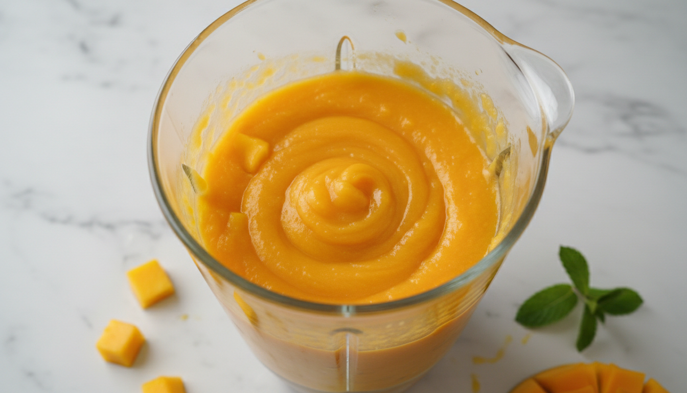 Blending fresh mango chunks into smooth bright orange puree in a blender