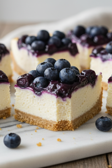 Blueberry cheesecake bars on marble cutting board with fresh blueberry topping