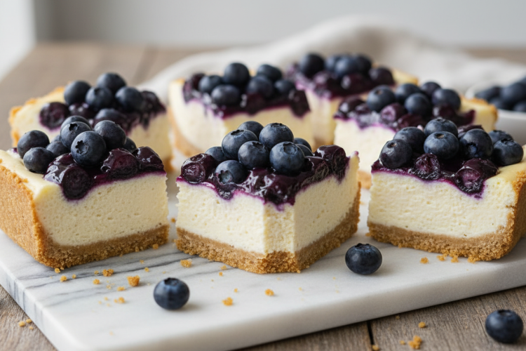 Blueberry cheesecake bars on marble cutting board with fresh blueberry topping
