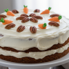 Homemade carrot cake from scratch with cream cheese frosting on a white cake stand