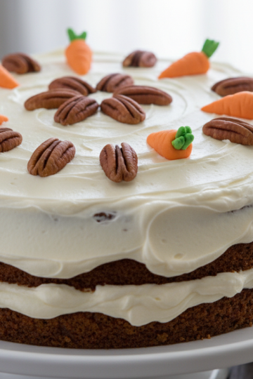Homemade carrot cake from scratch with cream cheese frosting on a white cake stand