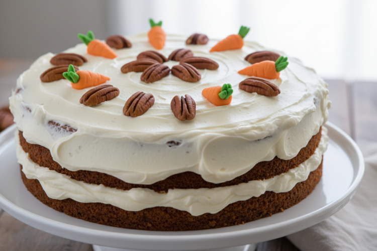 Homemade carrot cake from scratch with cream cheese frosting on a white cake stand