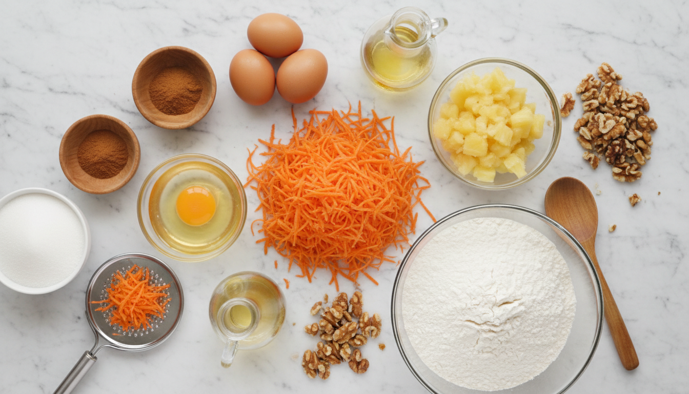 Carrot cake ingredients flat lay on white marble