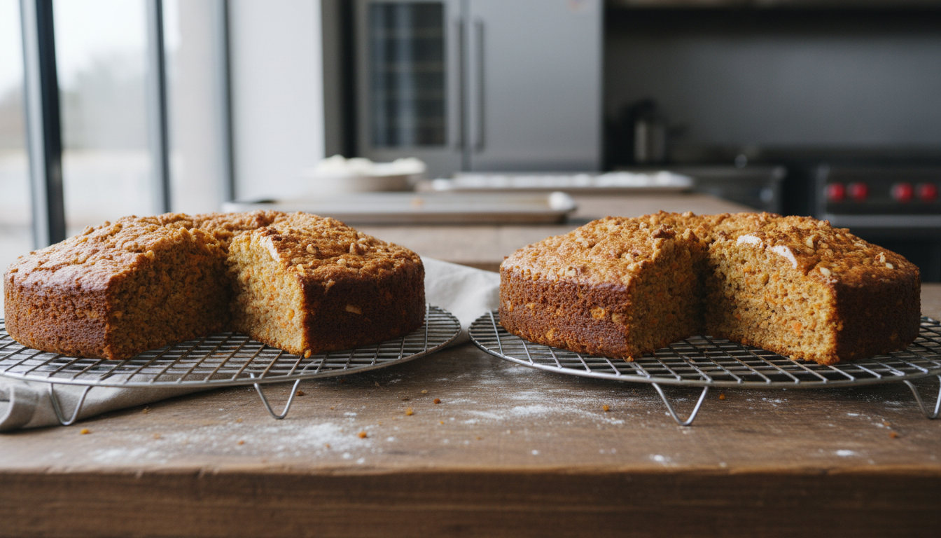 Two carrot cake layers cooling on wire racks