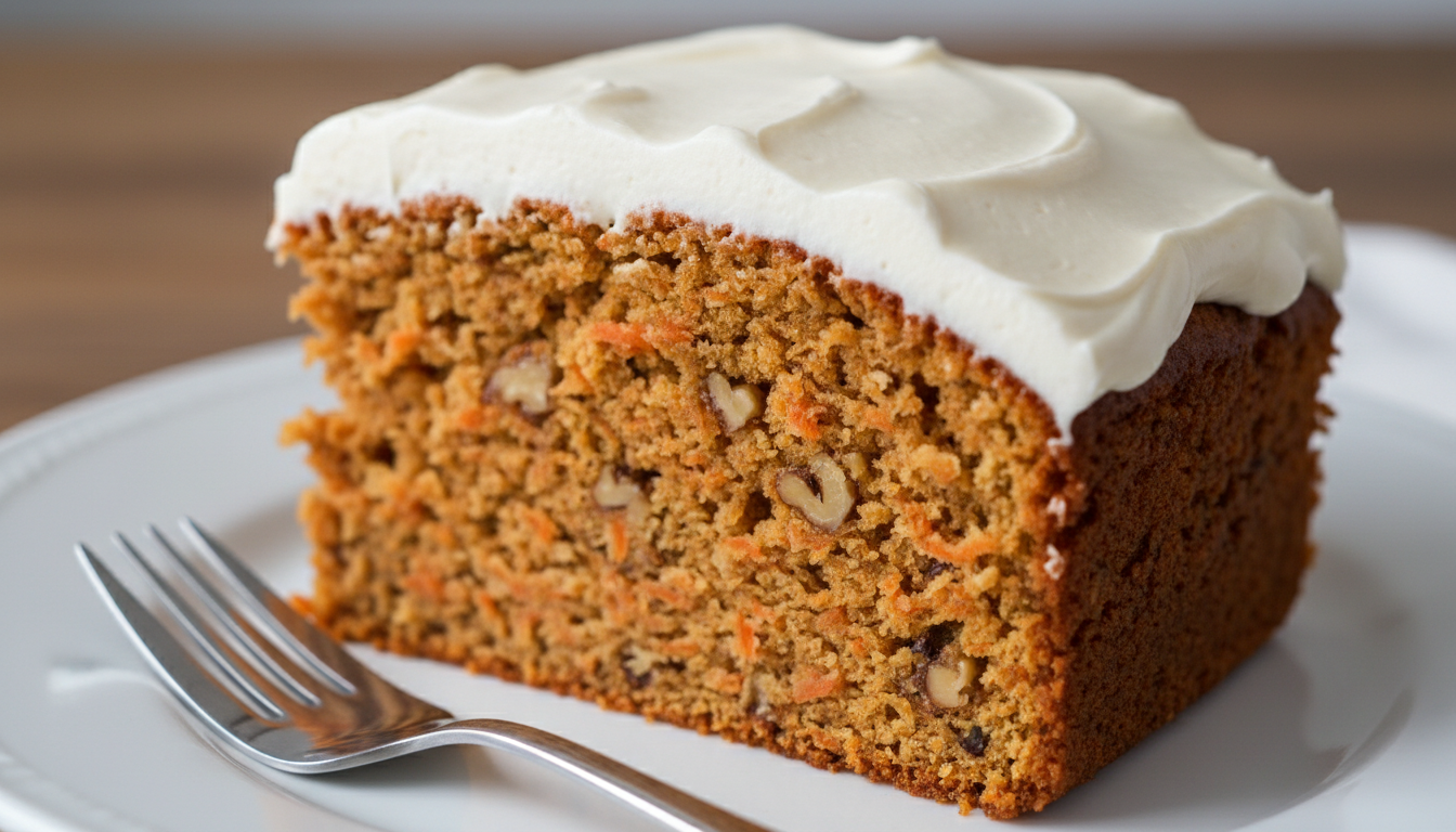 Slice of moist carrot cake with cream cheese frosting on a white plate