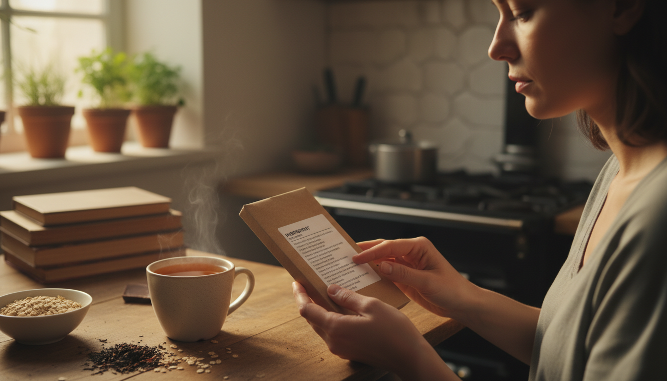 Person checking chocolate label for gluten free status