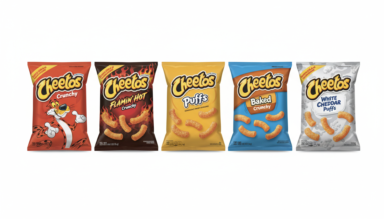 Multiple Cheetos variety bags lined up showing different flavors and styles