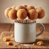 Churro cake pops on sticks in a white cup, dusted with cinnamon sugar on a rustic wooden board