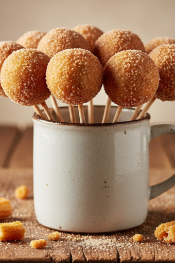Churro cake pops on sticks in a white cup, dusted with cinnamon sugar on a rustic wooden board