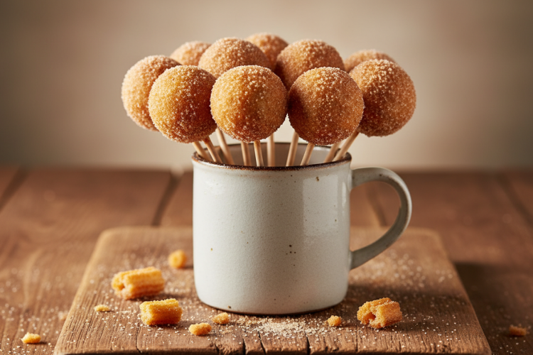Churro cake pops on sticks in a white cup, dusted with cinnamon sugar on a rustic wooden board
