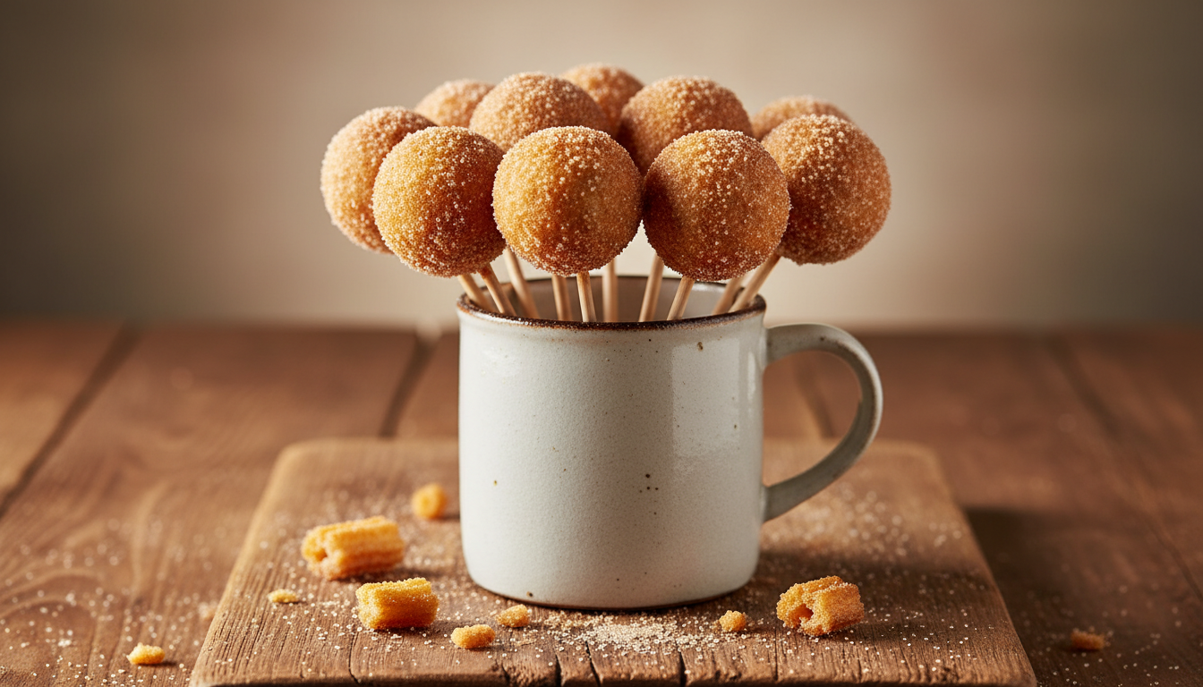 Churro cake pops on sticks in a white cup, dusted with cinnamon sugar on a rustic wooden board
