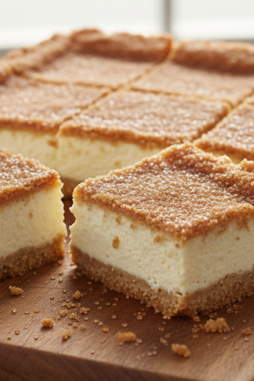 Churro cheesecake bars with cinnamon sugar crust and creamy filling on cutting board
