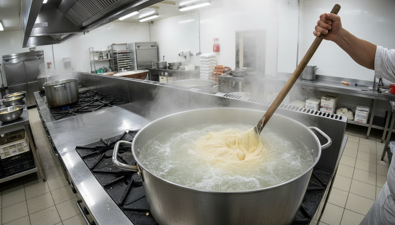 Stirring churro dough in a large pot on the stove, steam rising, batch cooking