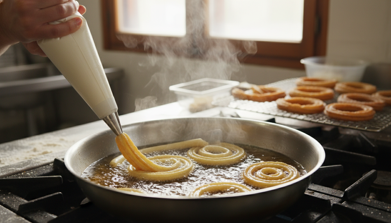 churro dough being piped through star tip pastry bag into hot oil