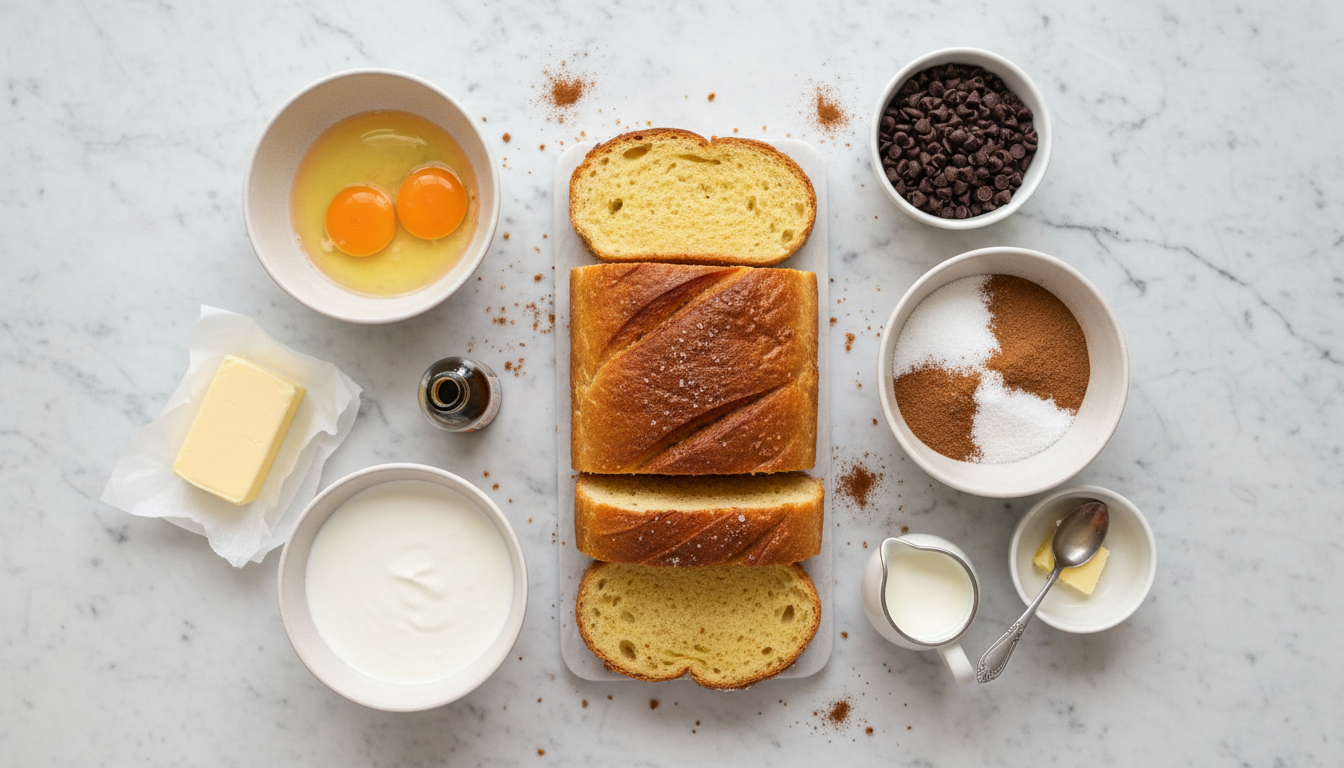 Churro French toast ingredients flat lay on marble: brioche, eggs, cream, cinnamon, sugar, vanilla, butter