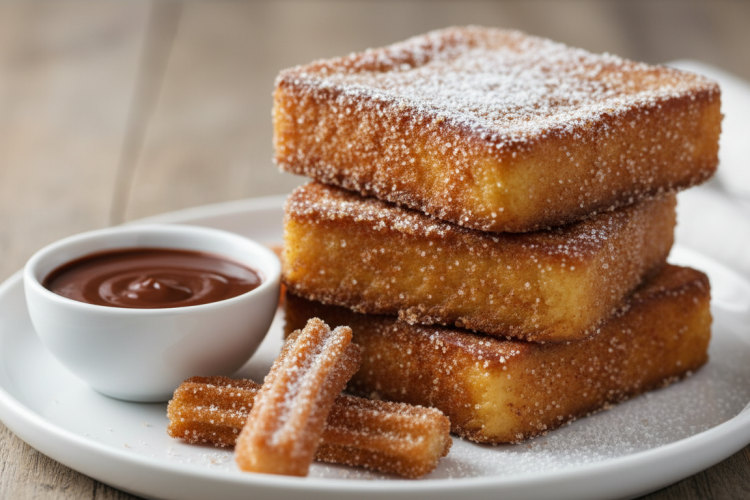 Churro French toast stack on white plate, cinnamon sugar coated brioche slices with chocolate dipping sauce