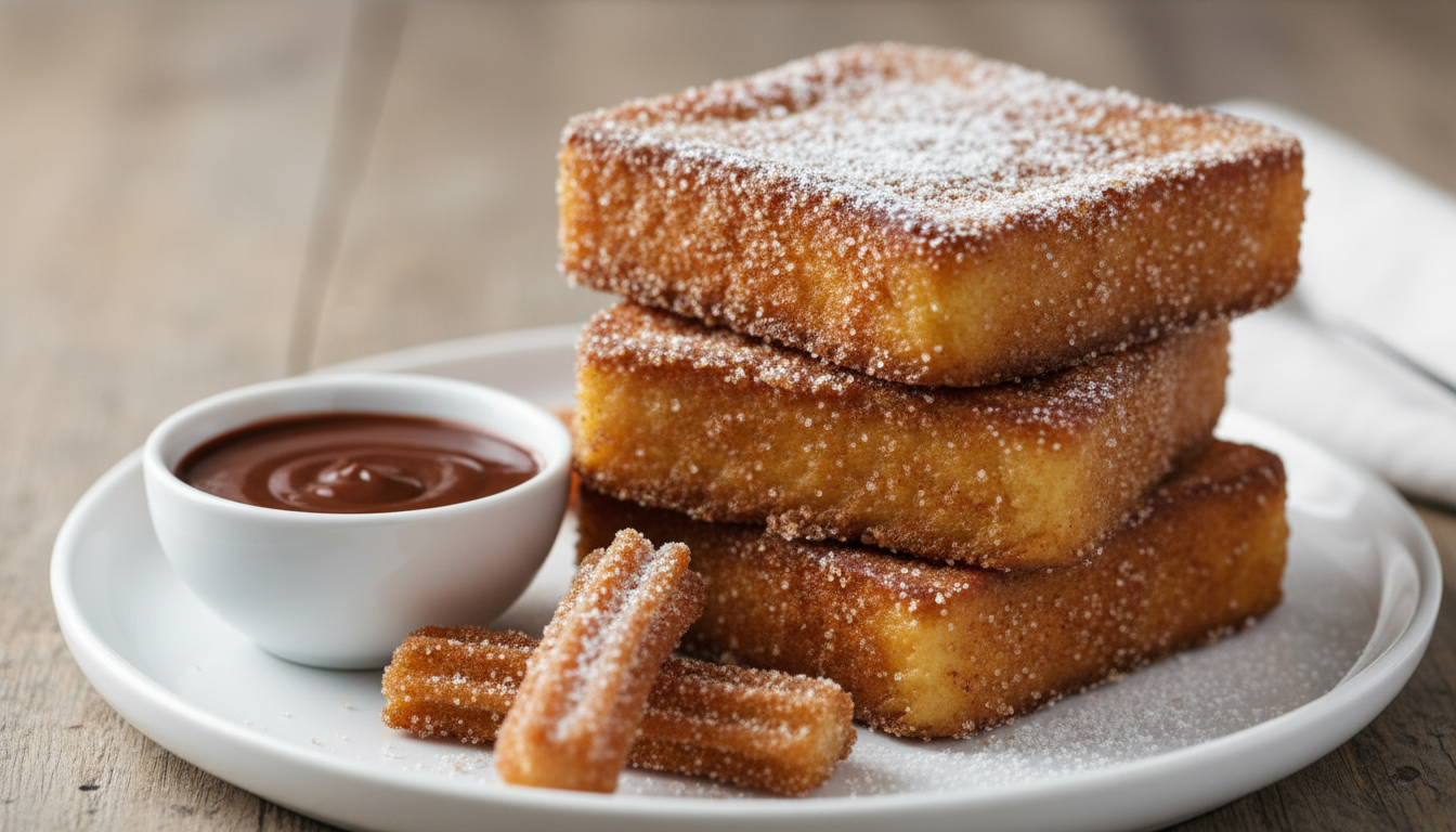 Churro French toast stack on white plate, cinnamon sugar coated brioche slices with chocolate dipping sauce