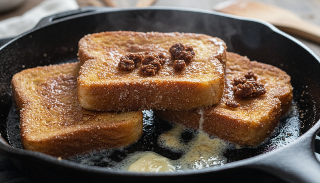 Churro French toast slices sizzling golden brown in a buttered cast iron skillet, cinnamon sugar caramelizing