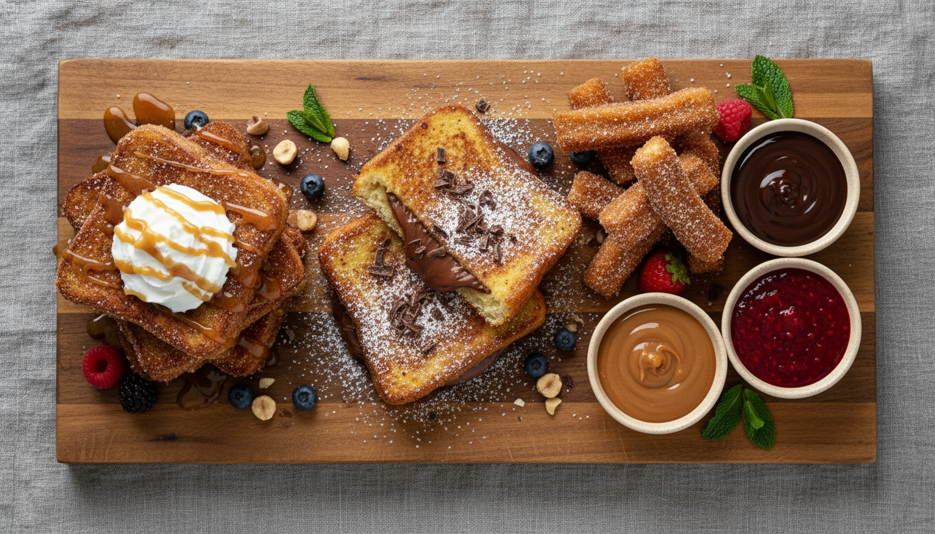 Churro French toast variations board: classic cinnamon sugar stack, stuffed Nutella version, and French toast sticks with dipping sauces