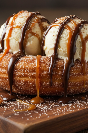 Churro ice cream bowl filled with vanilla ice cream, drizzled with chocolate sauce and caramel, dusted with cinnamon sugar