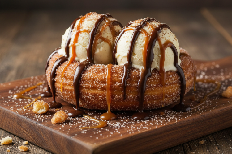 Churro ice cream bowl filled with vanilla ice cream, drizzled with chocolate sauce and caramel, dusted with cinnamon sugar