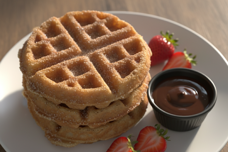 Golden churro waffles stacked with cinnamon sugar and chocolate dipping sauce