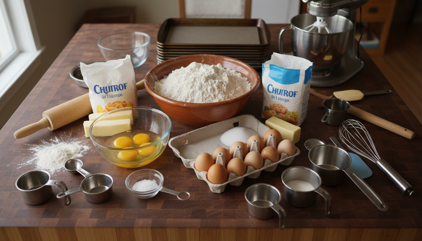 Large batch churro dough ingredients flatlay: flour, eggs, butter, sugar, measuring cups
