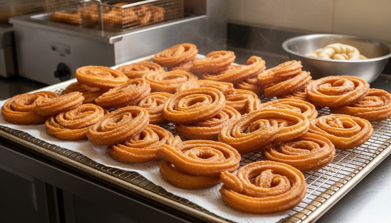 Dozens of freshly fried churros draining on a large wire rack lined with paper towels