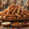 Large platter of golden cinnamon sugar churros piled high for a party with dipping sauces