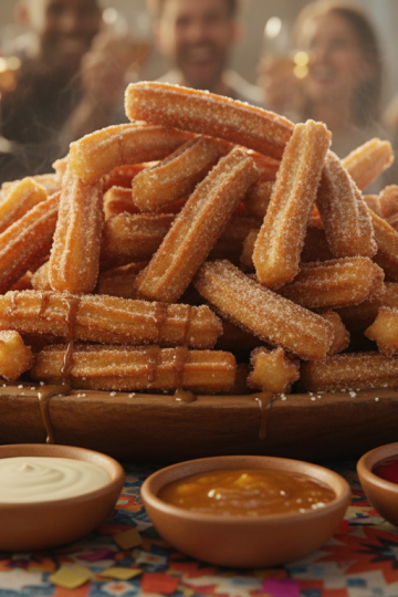 Large platter of golden cinnamon sugar churros piled high for a party with dipping sauces
