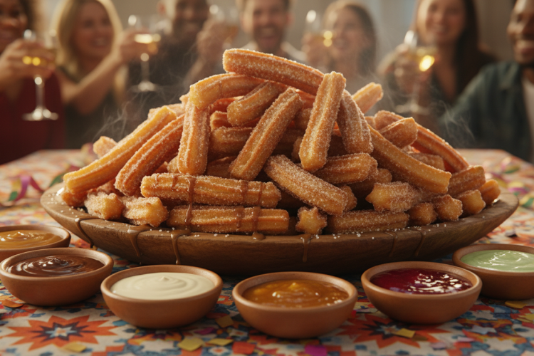Large platter of golden cinnamon sugar churros piled high for a party with dipping sauces