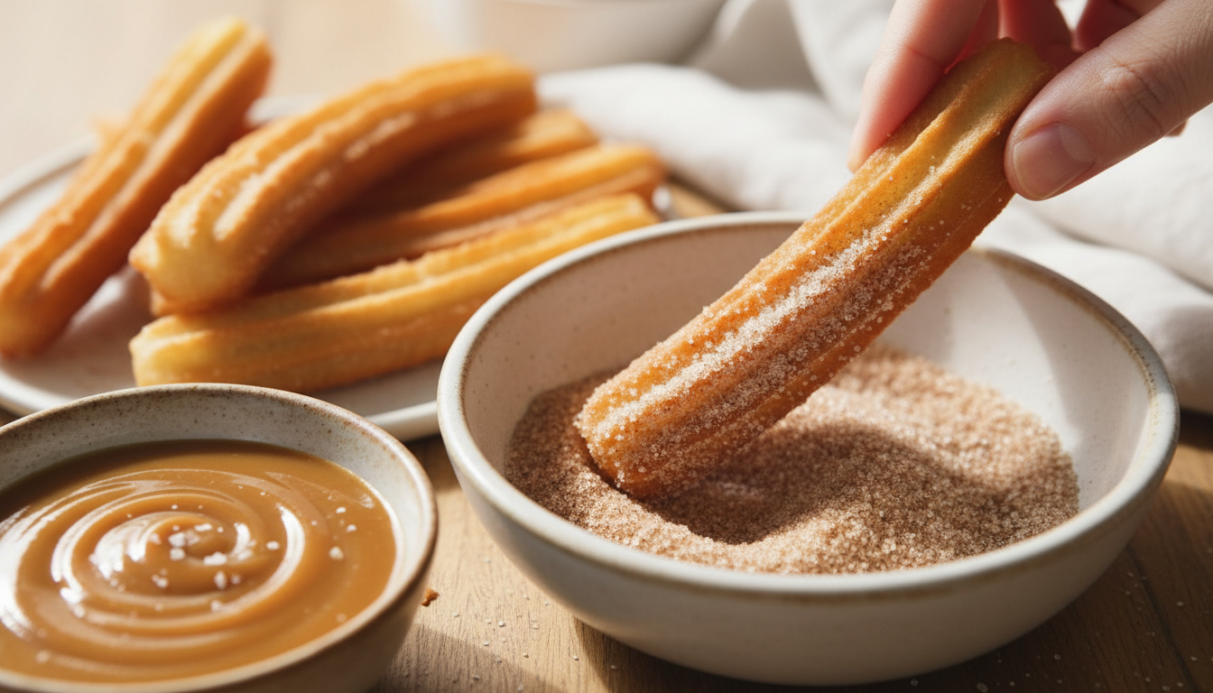 churros being rolled in cinnamon sugar mixture with caramel sauce nearby