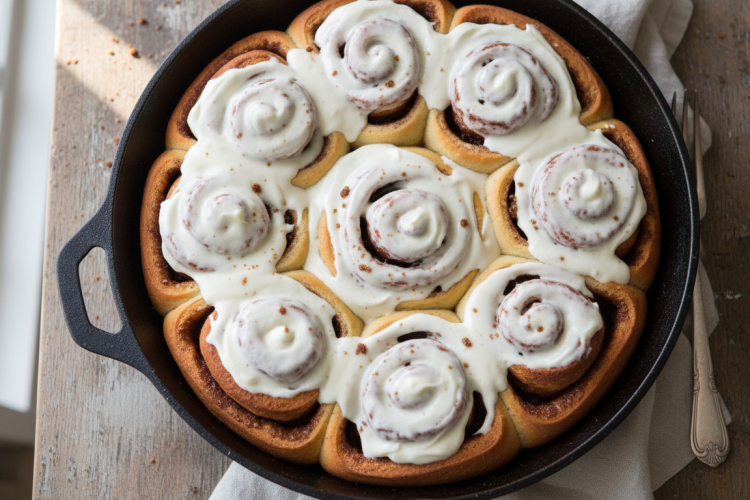 Pan of homemade cinnamon rolls with cream cheese frosting