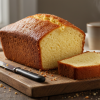 Classic pound cake loaf on wooden cutting board with slice removed