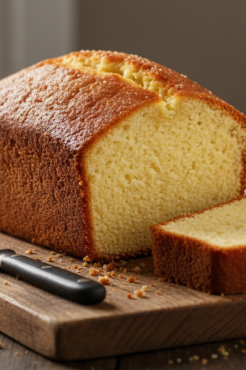 Classic pound cake loaf on wooden cutting board with slice removed