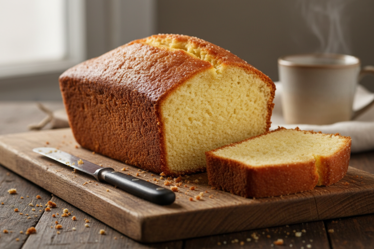 Classic pound cake loaf on wooden cutting board with slice removed