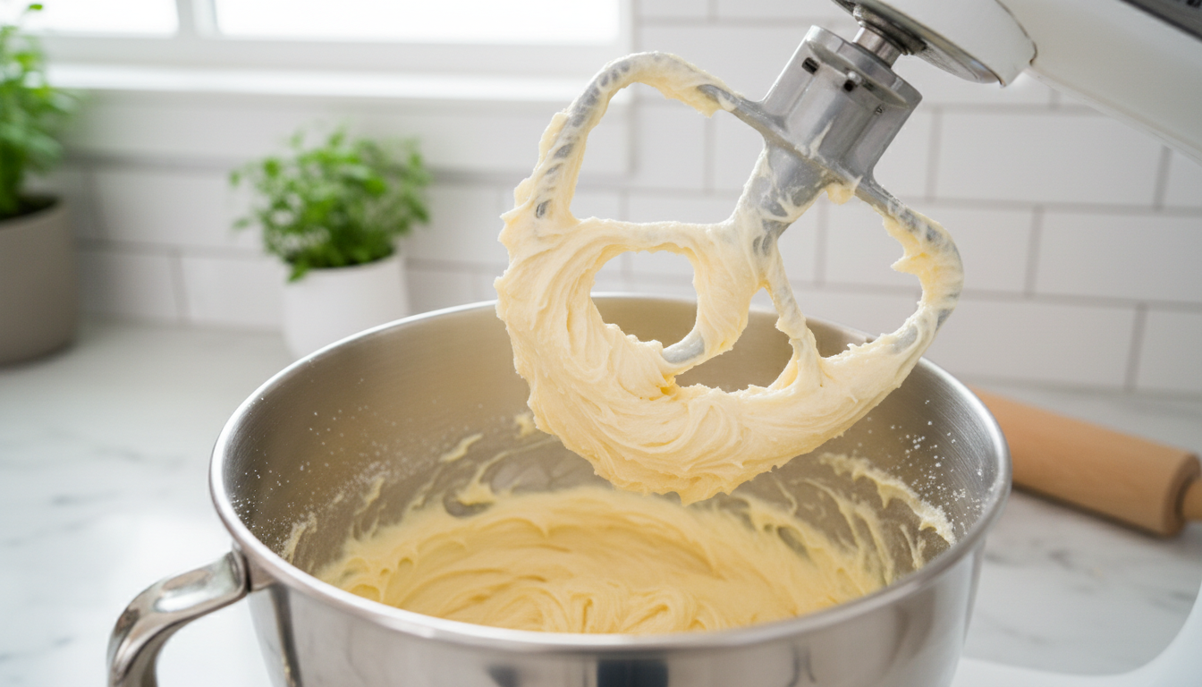Stand mixer creaming butter and sugar together for pound cake batter