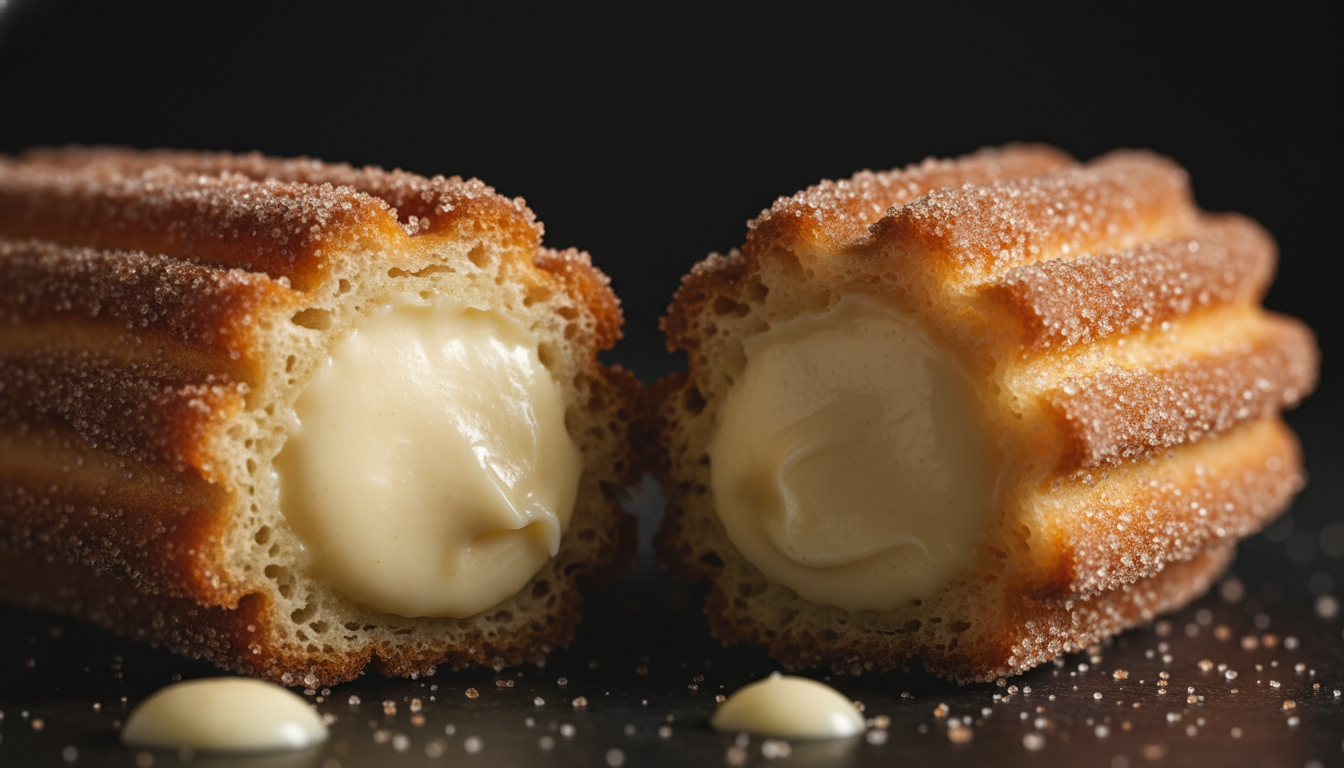 Cross-section of creme-filled churro showing thick vanilla pastry cream center