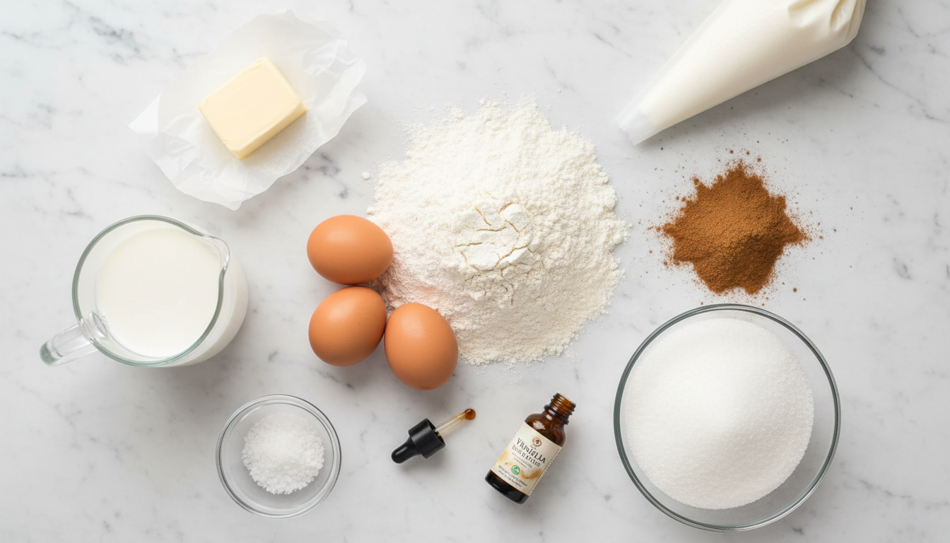 Flat-lay of creme-filled churros ingredients on white marble