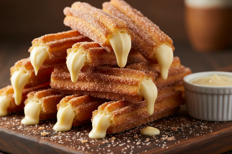 Creme-filled churros on a dark wooden board dusted in cinnamon sugar with pastry cream filling visible