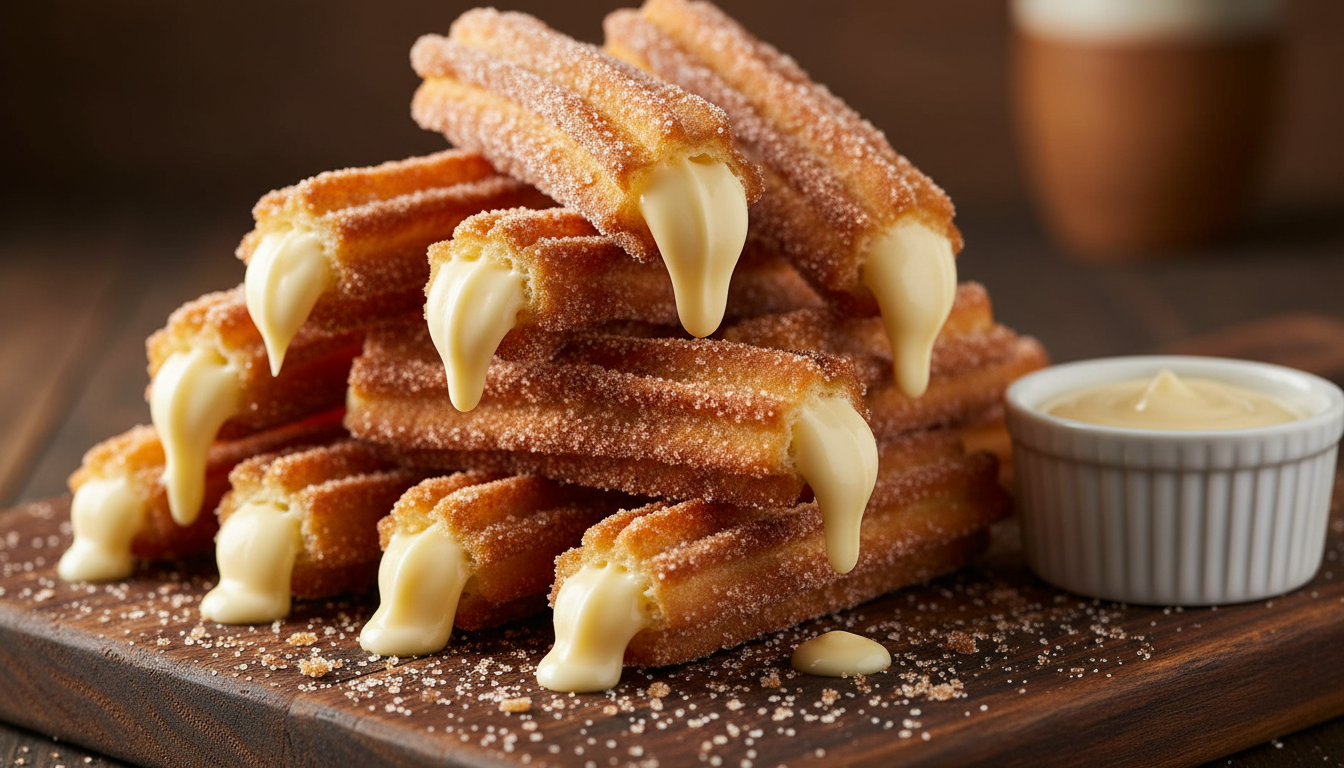 Creme-filled churros on a dark wooden board dusted in cinnamon sugar with pastry cream filling visible